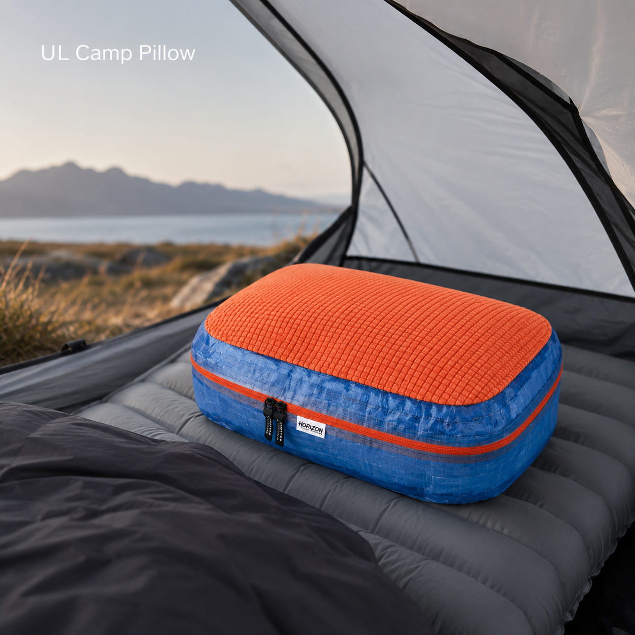 UL camp pillow inside tent with Dyneema storage bag