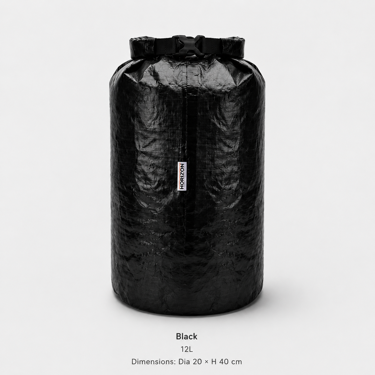 Black 12L Dyneema DCF roll-top storage bag Dia 20 by H 40 cm