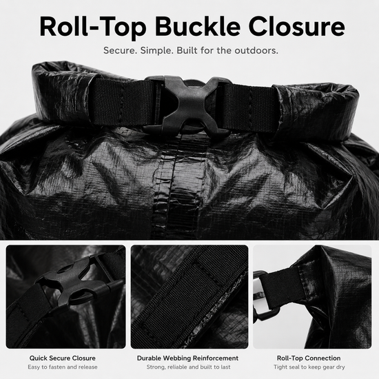 Roll-top buckle closure detail on Dyneema storage bag