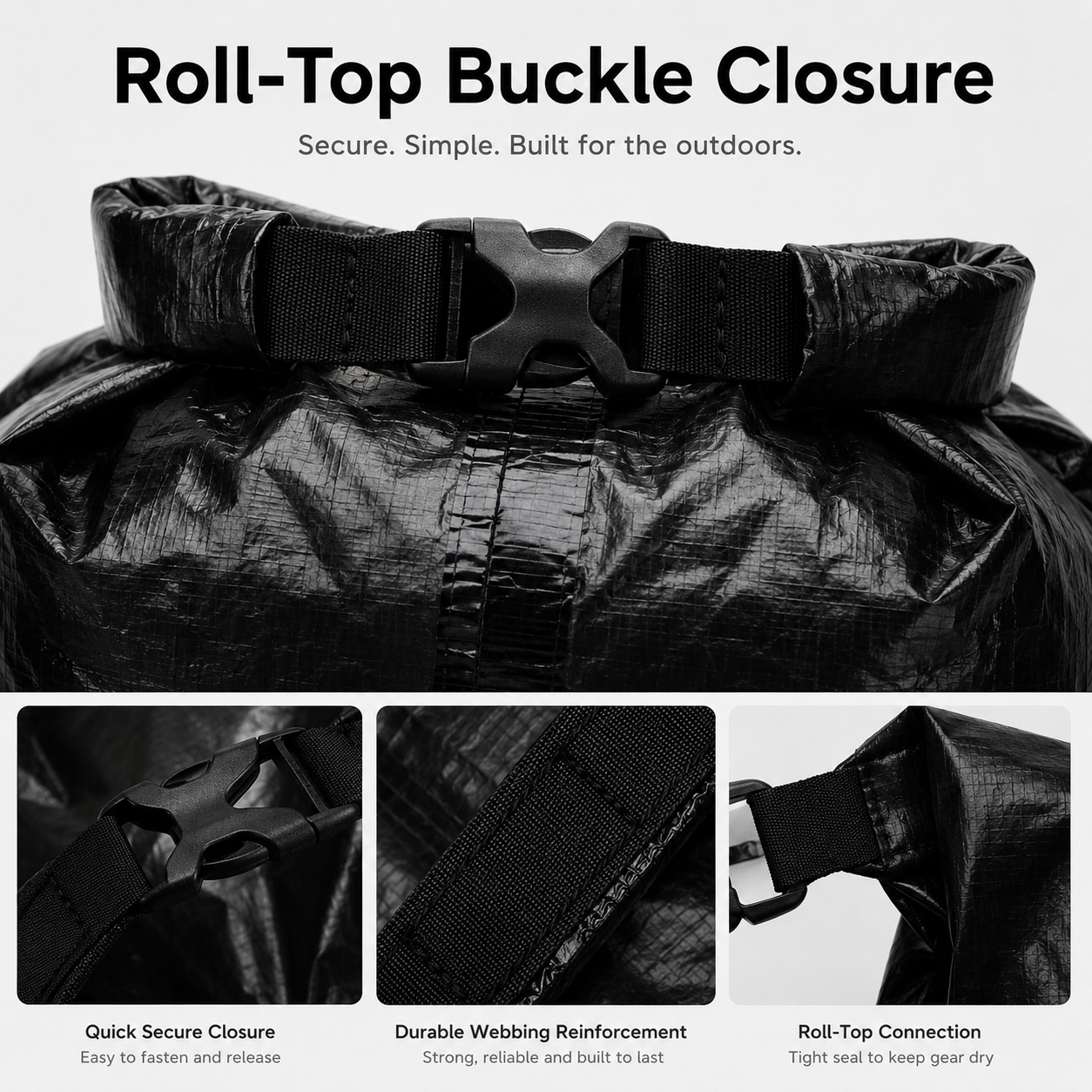 Roll-top buckle closure detail on Dyneema storage bag