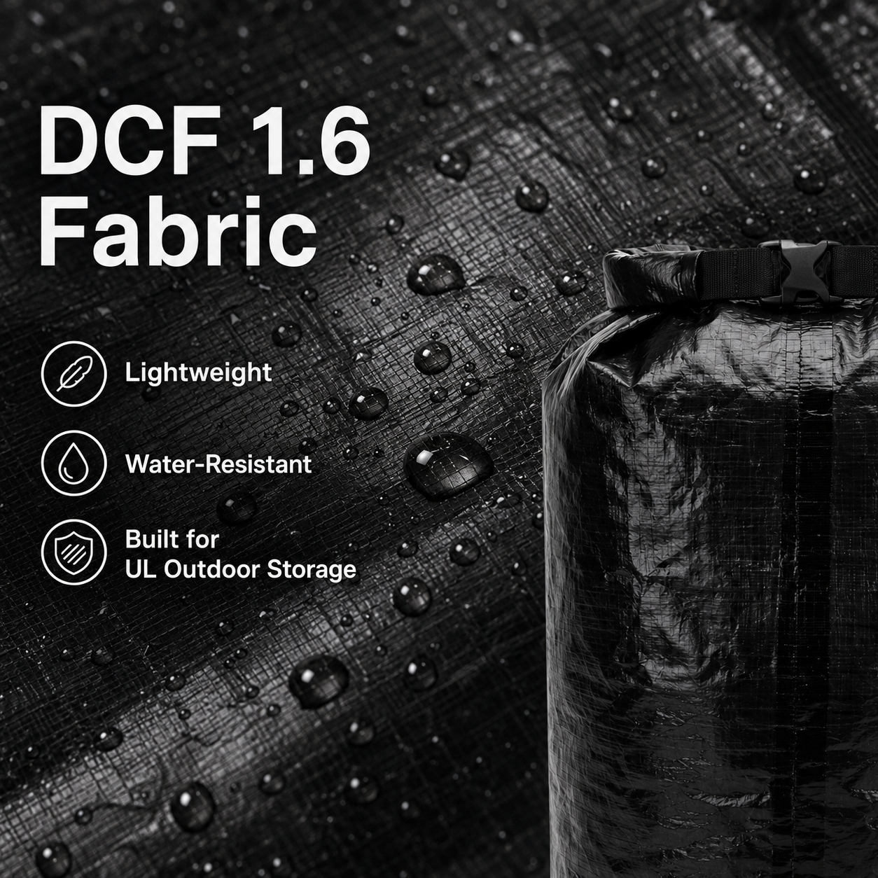 Water-resistant Dyneema DCF 1.6 fabric texture with droplets