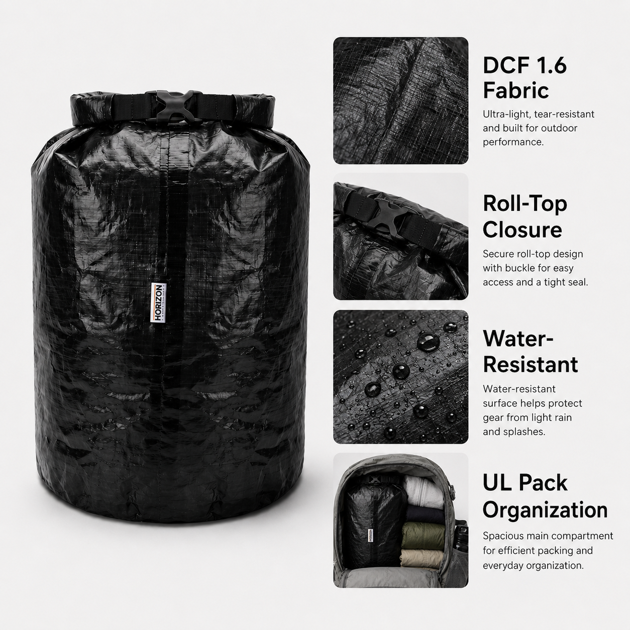 Dyneema DCF 1.6 roll-top storage bag feature overview