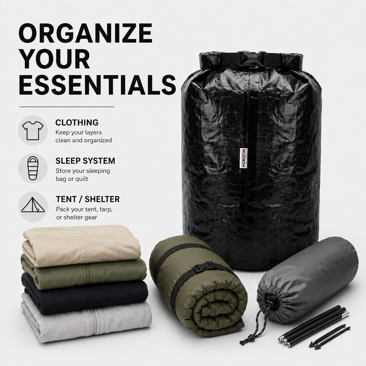 Dyneema roll-top storage bag for backpack clothing organization