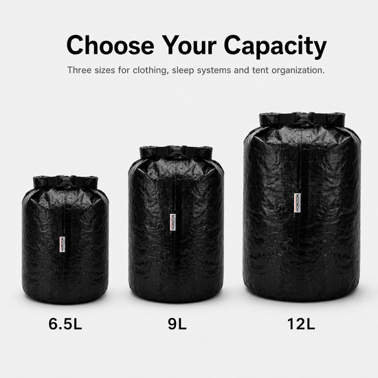 Three sizes of Dyneema roll-top storage bag 6.5L 9L 12L