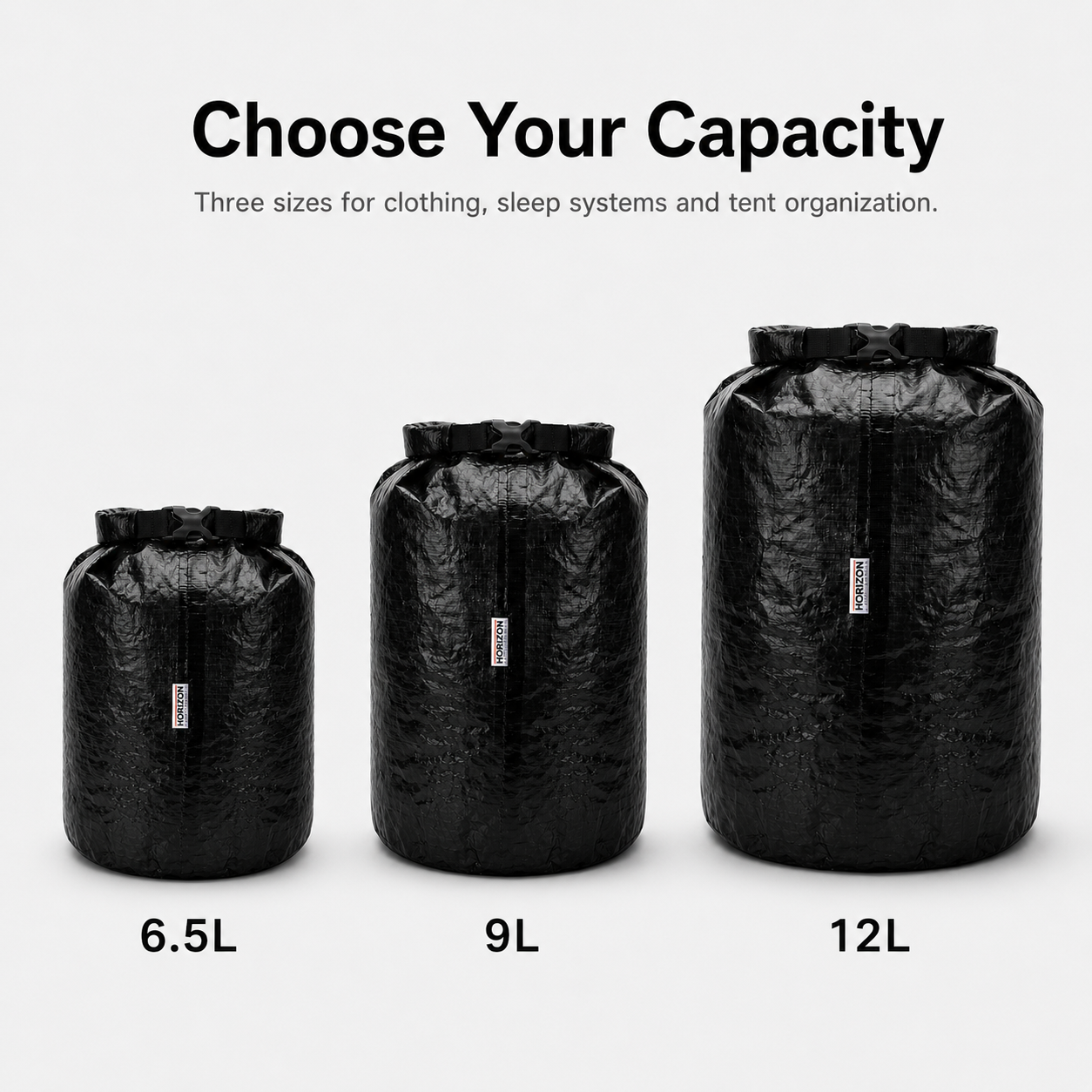 Three sizes of Dyneema roll-top storage bag 6.5L 9L 12L