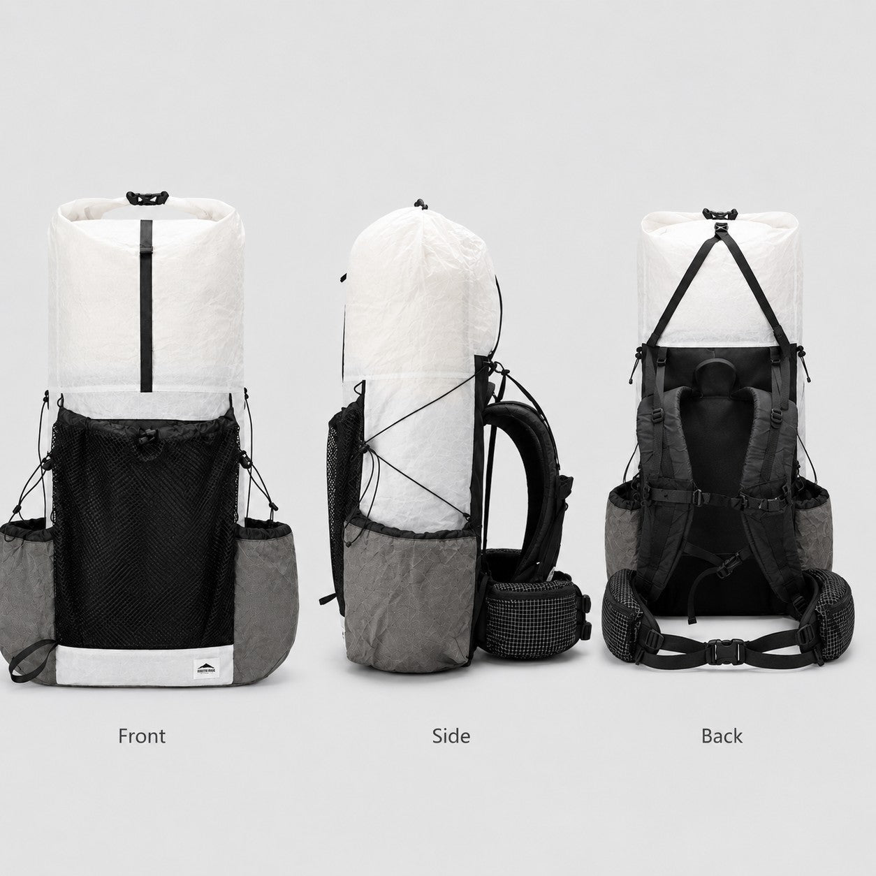 White Dyneema DCH 55L UL backpack front side and back views