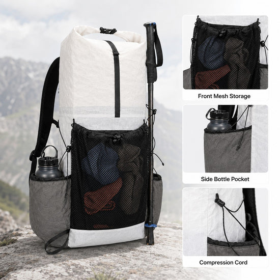 Large front mesh pocket side pocket and trekking pole storage on Dyneema backpack