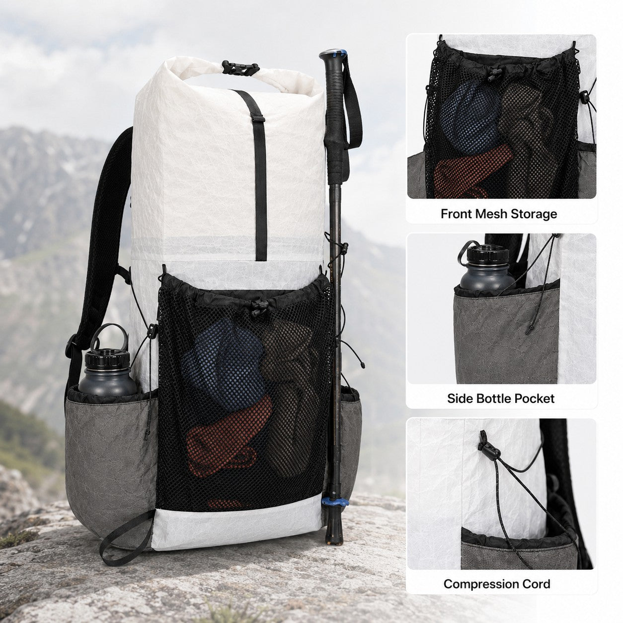 Large front mesh pocket side pocket and trekking pole storage on Dyneema backpack
