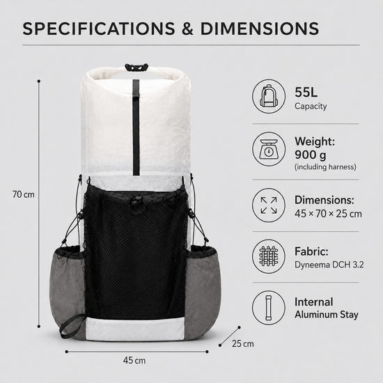55L backpack product dimensions 45 by 70 by 25 cm