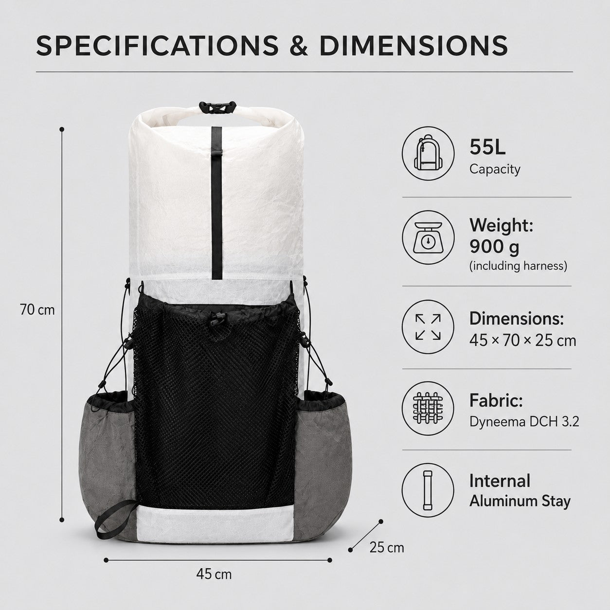 55L backpack product dimensions 45 by 70 by 25 cm