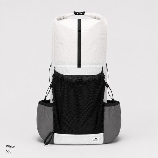 White Dyneema DCH 55L UL backpack with front mesh pocket