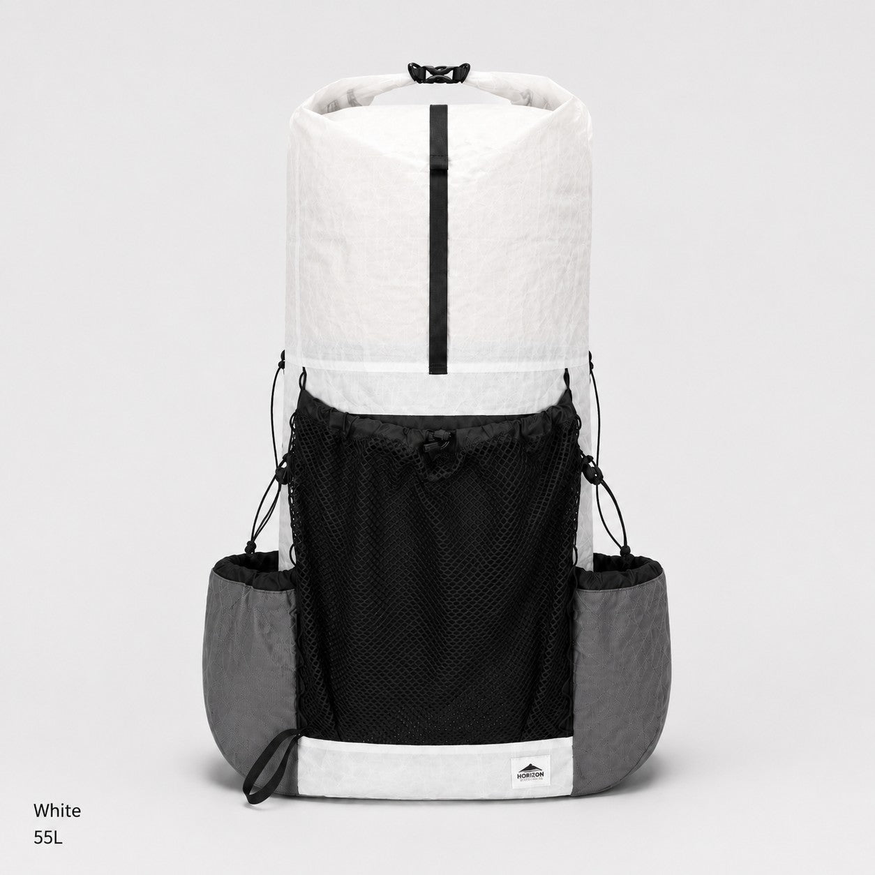 White Dyneema DCH 55L UL backpack with front mesh pocket