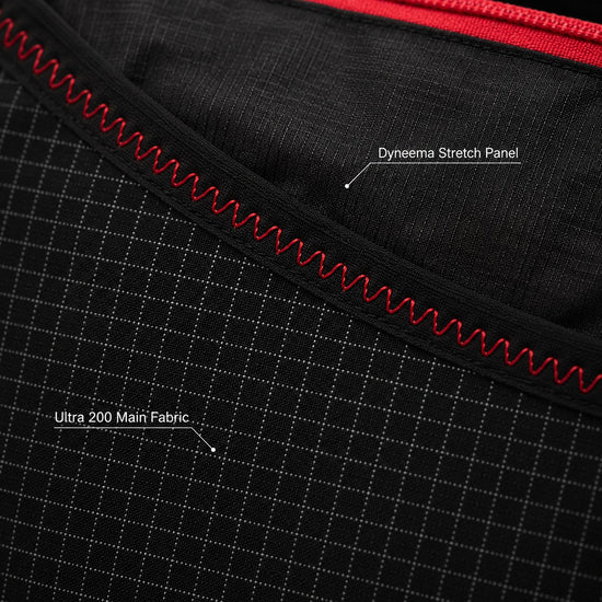 Ultra 200 fabric and Dyneema stretch front pocket detail