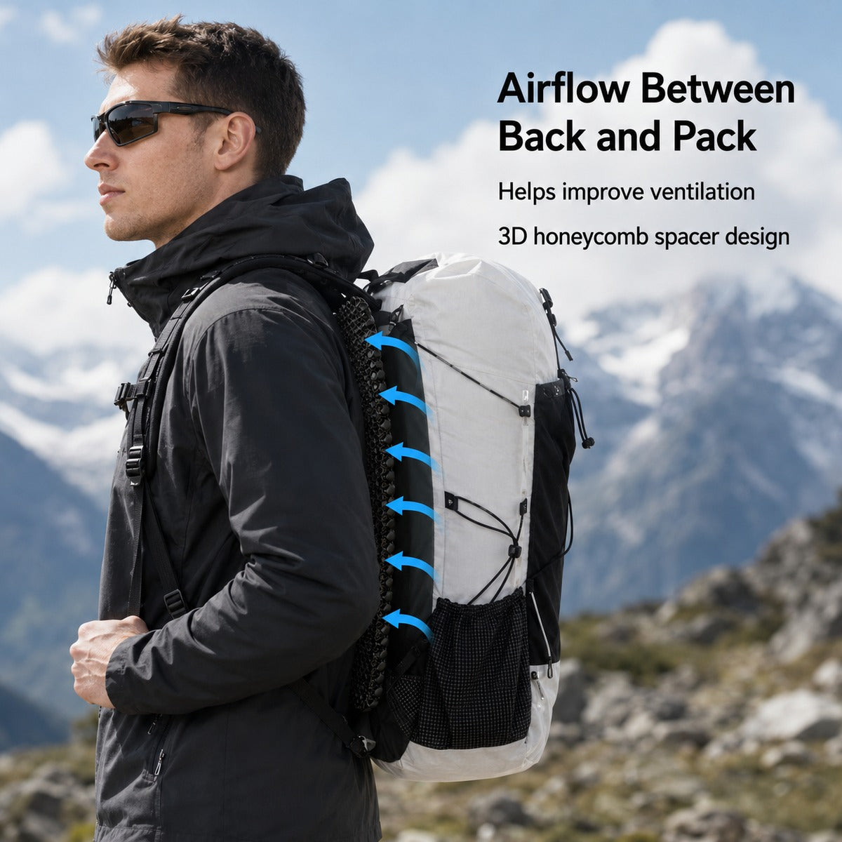 L size black 3D honeycomb backpack ventilation back panel side airflow