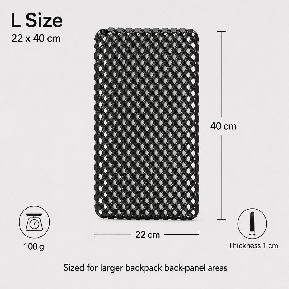 L size black 3D honeycomb backpack ventilation back panel spec