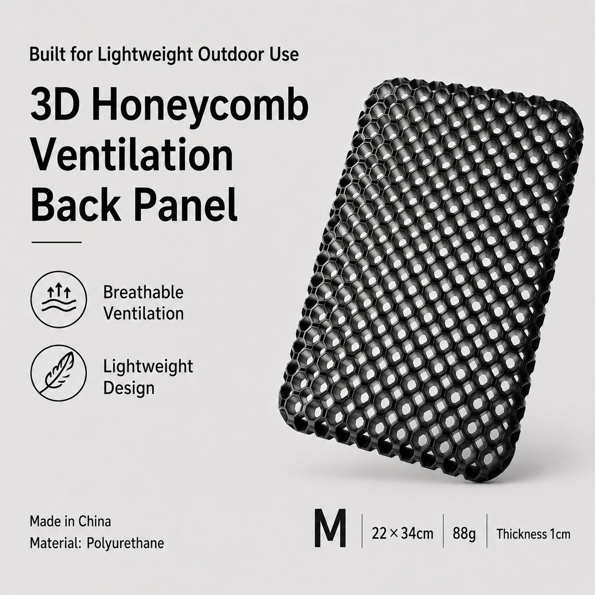 M size black 3D honeycomb backpack ventilation back panel brand