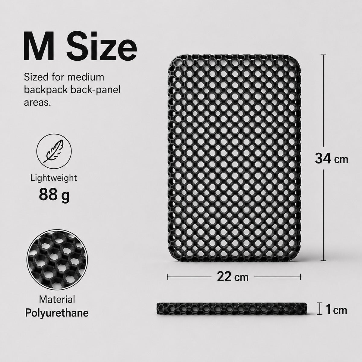 M size black 3D honeycomb backpack ventilation back panel spec