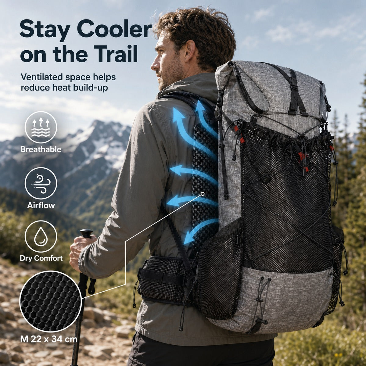 M size black 3D honeycomb backpack ventilation back panel trail comfort