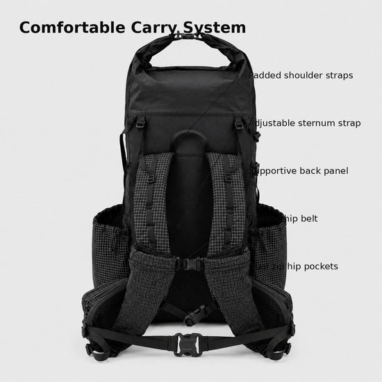 Carry system with padded shoulder straps sternum strap back panel hip belt and zip hip pockets
