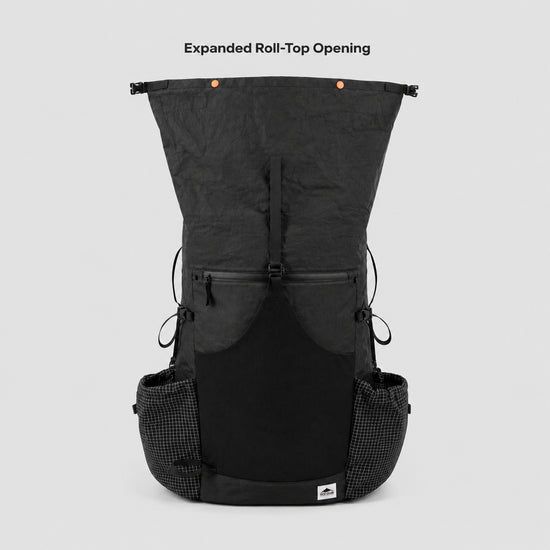 Expanded roll-top opening on OCE GEAR 55L hiking backpack