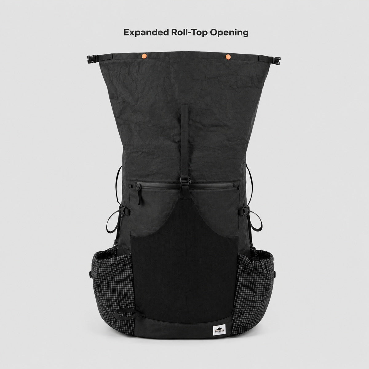 Expanded roll-top opening on OCE GEAR 55L hiking backpack