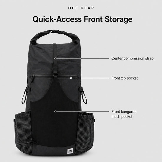 Front storage details showing kangaroo mesh pocket zip pocket and center compression strap