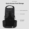 Front storage details showing kangaroo mesh pocket zip pocket and center compression strap