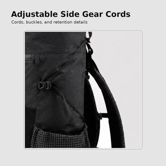 Close-up of side gear cords buckles and retention hardware on black hiking backpack