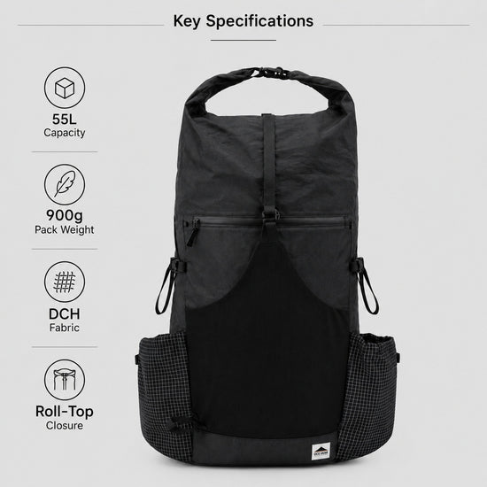 Key specifications for OCE GEAR 55L backpack showing capacity weight fabric and roll-top closure