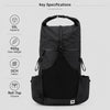 Key specifications for OCE GEAR 55L backpack showing capacity weight fabric and roll-top closure