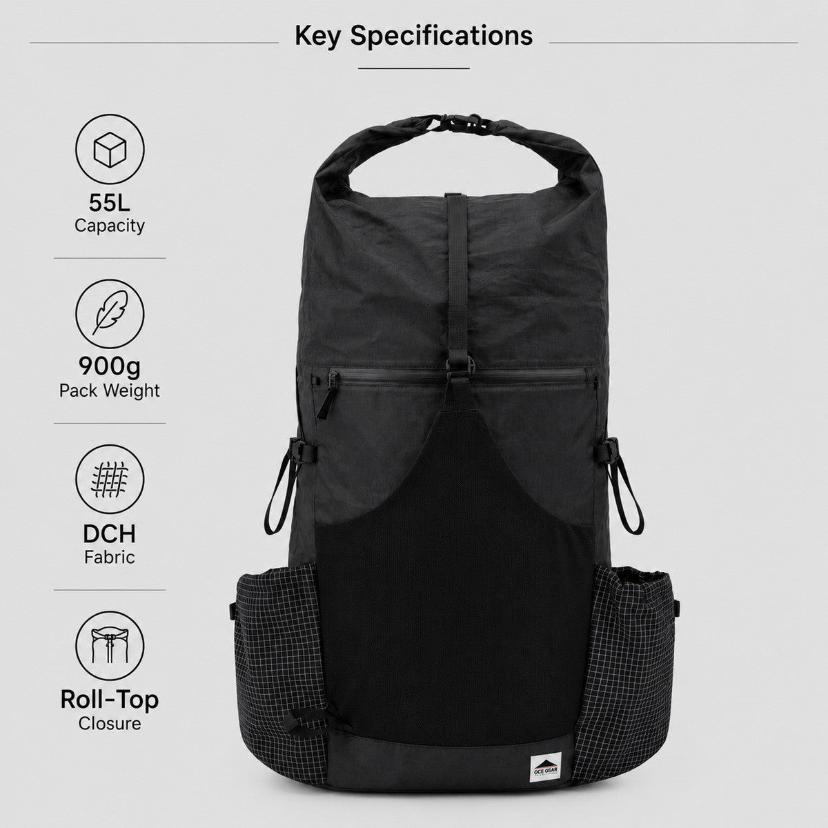 Key specifications for OCE GEAR 55L backpack showing capacity weight fabric and roll-top closure
