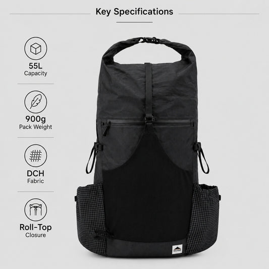 Key specifications for OCE GEAR 55L backpack showing capacity weight fabric and roll-top closure