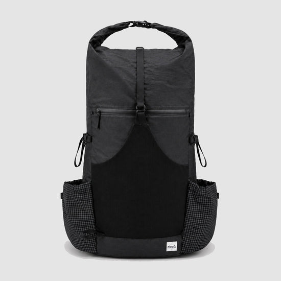 OCE GEAR black 55L roll-top hiking backpack front view with mesh pocket and side pockets