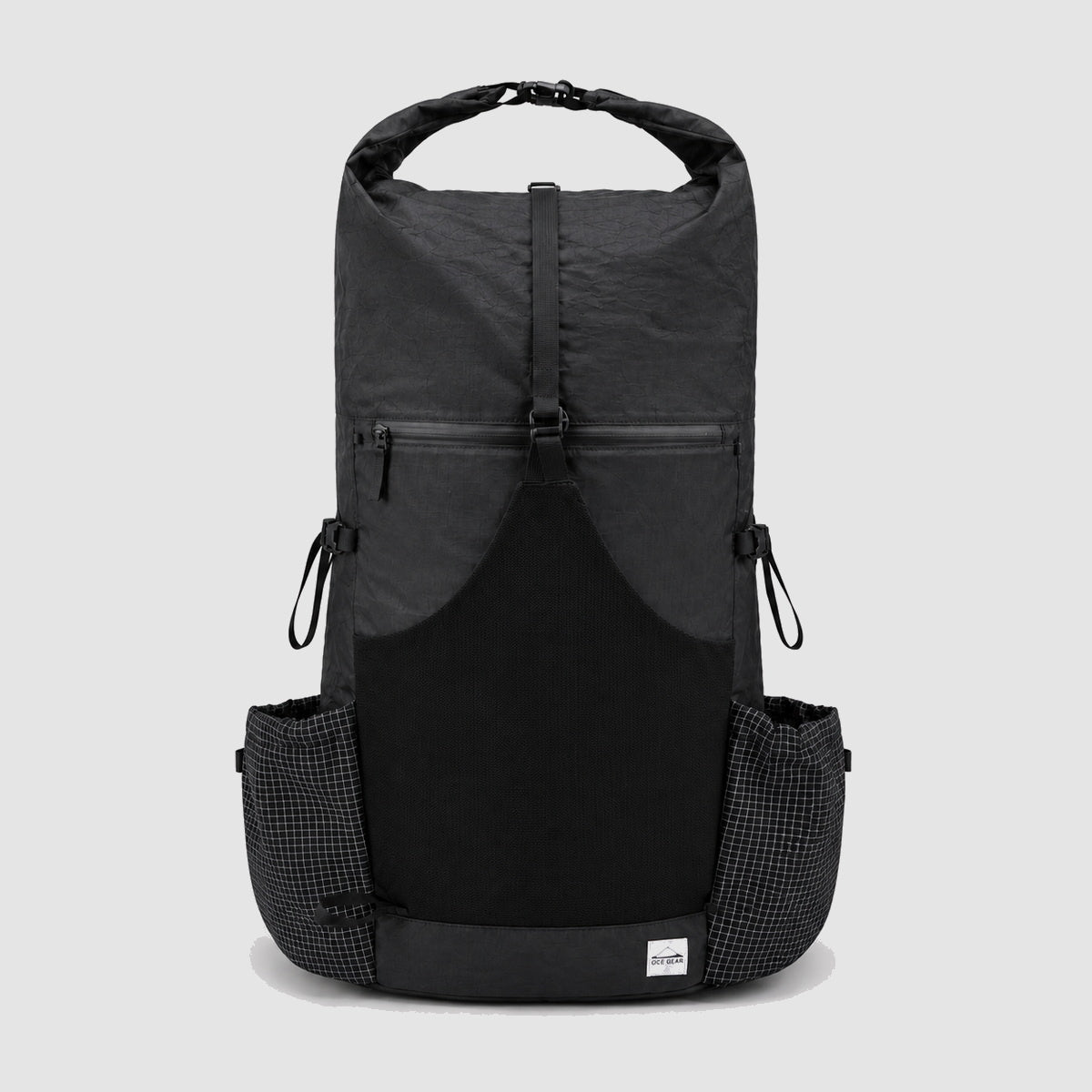 OCE GEAR black 55L roll-top hiking backpack front view with mesh pocket and side pockets