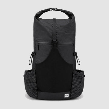 OCE GEAR black 55L roll-top hiking backpack front view with mesh pocket and side pockets
