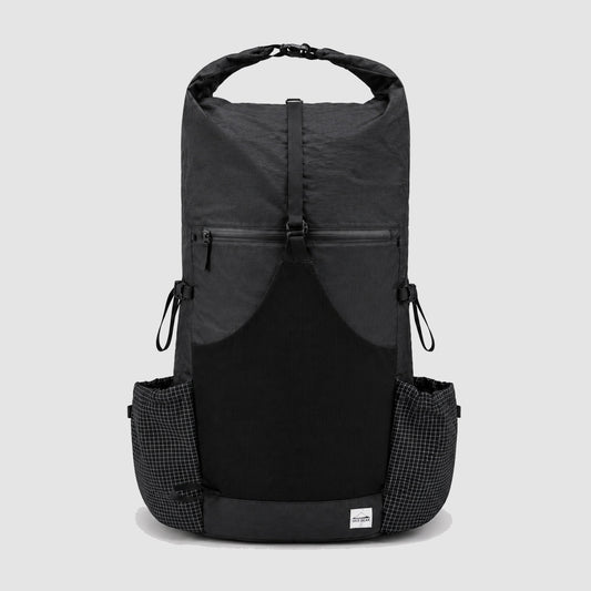 OCE GEAR black 55L roll-top hiking backpack front view with mesh pocket and side pockets