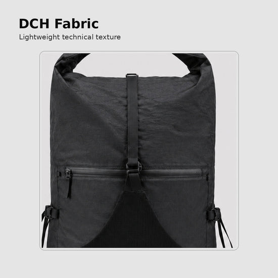 Close-up of black DCH fabric texture on OCE GEAR roll-top hiking backpack