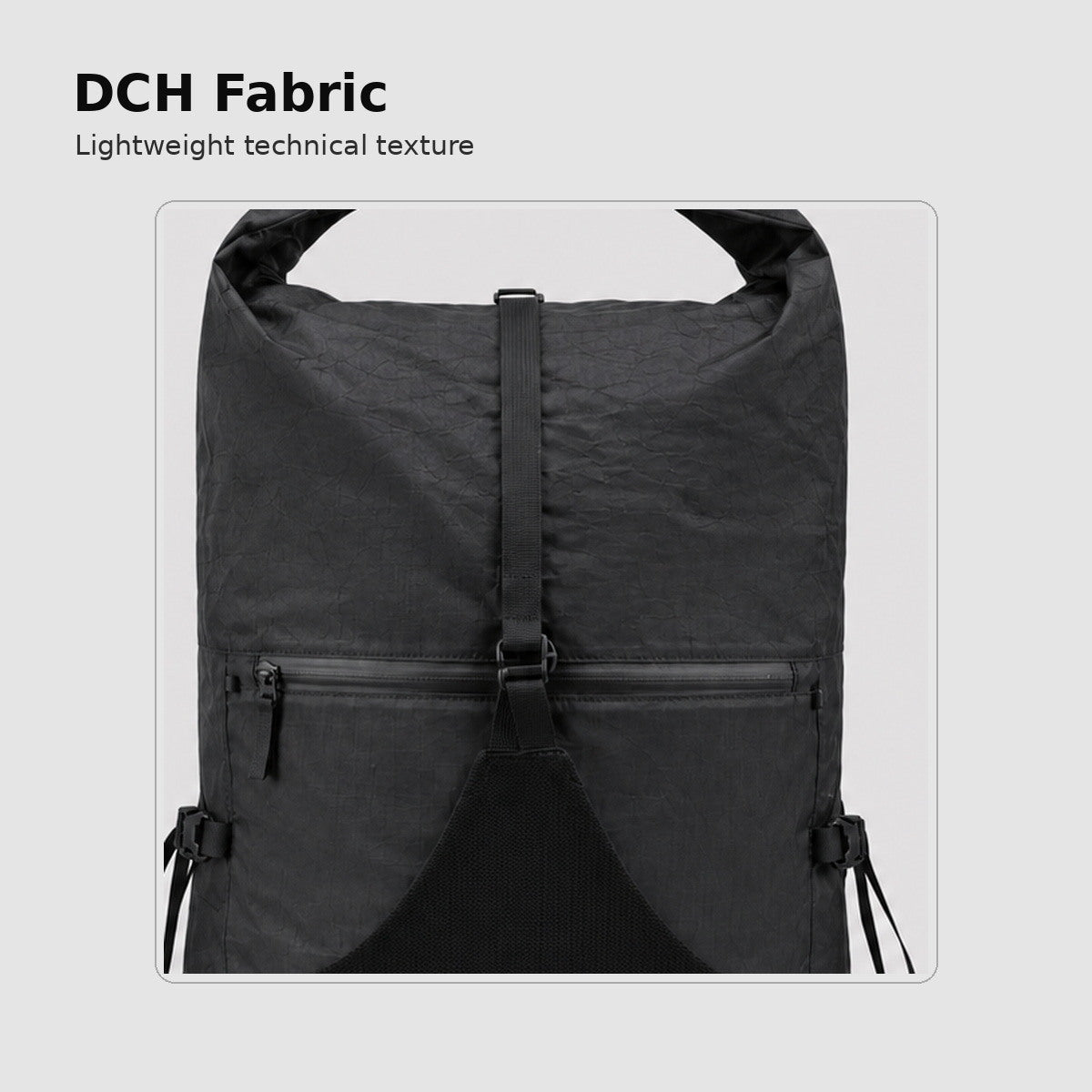 Close-up of black DCH fabric texture on OCE GEAR roll-top hiking backpack