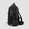 Side view of black roll-top hiking backpack with side pocket and adjustable gear cords