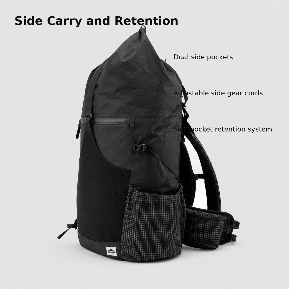 Side carry system with dual side pockets adjustable gear cords and retention system