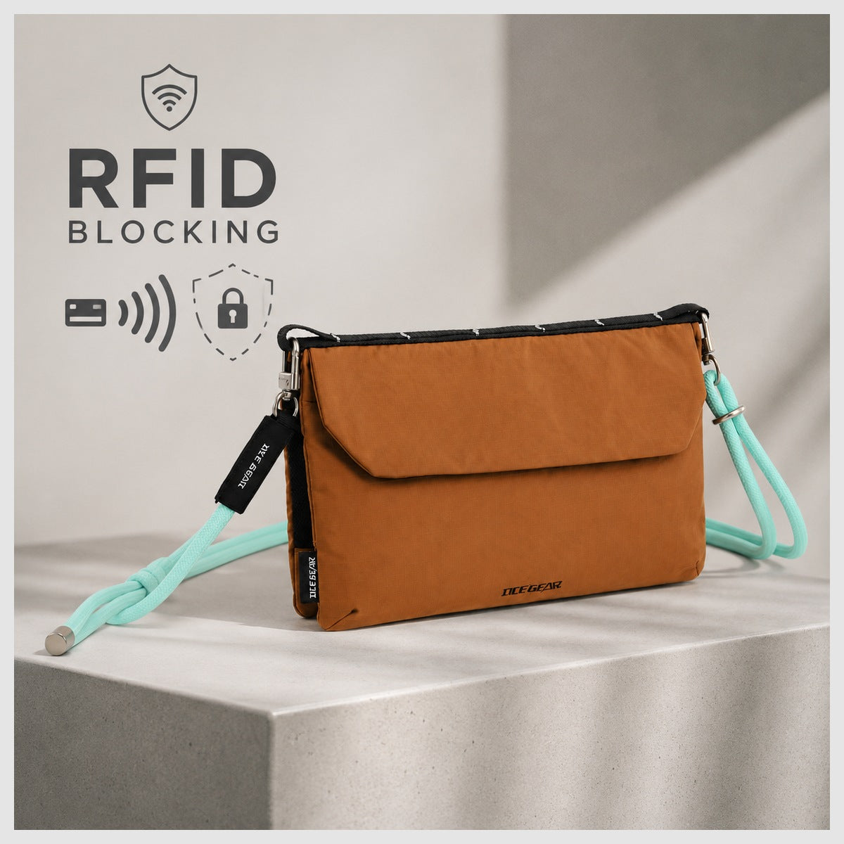 RFID blocking feature graphic for OCE GEAR crossbody organizer bag