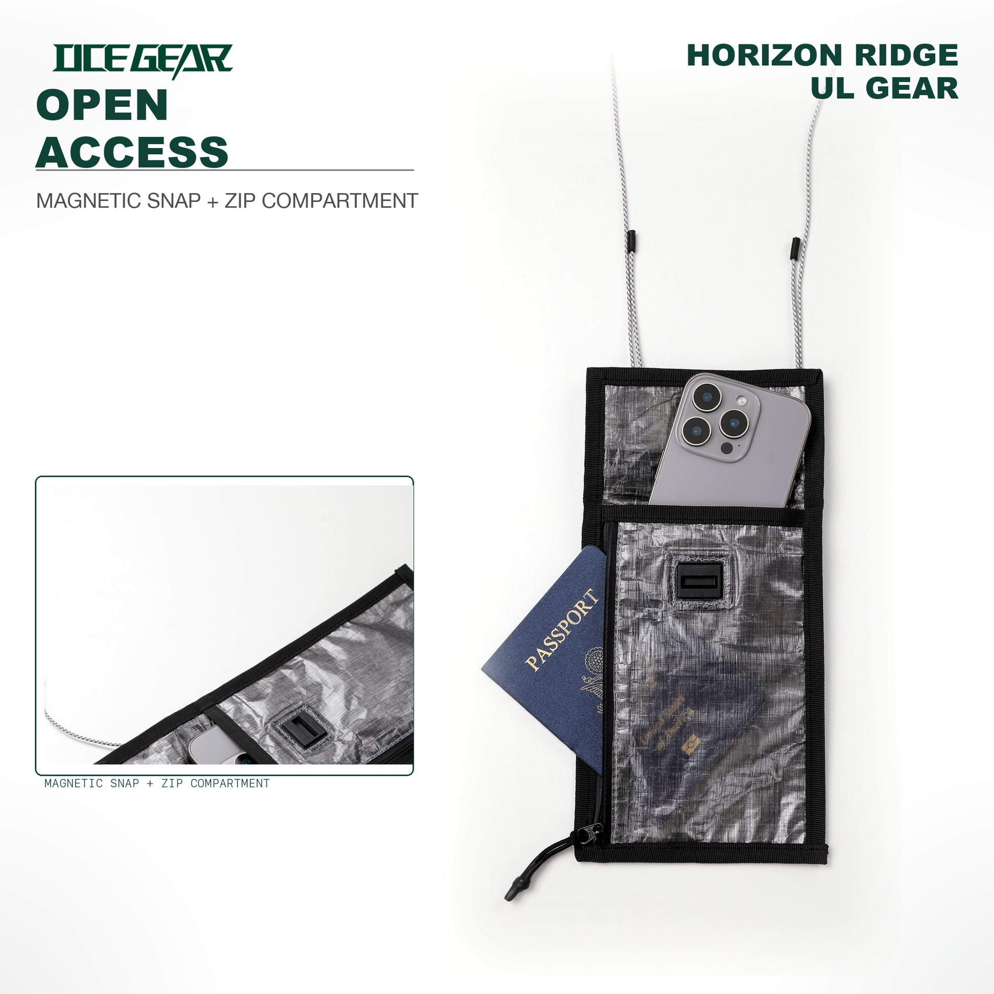 OCE GEAR Dyneema crossbody phone bag showing passport phone cards and cash capacity