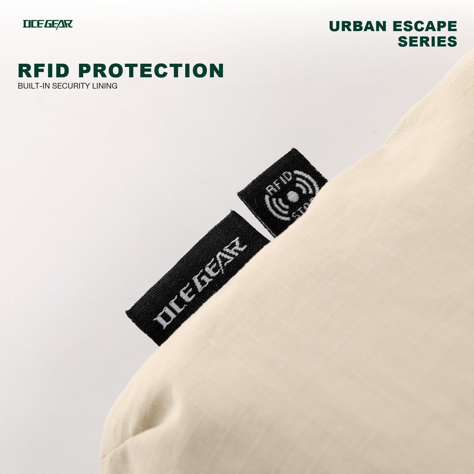 RFID travel crossbody pouch with RFID blocking label detail