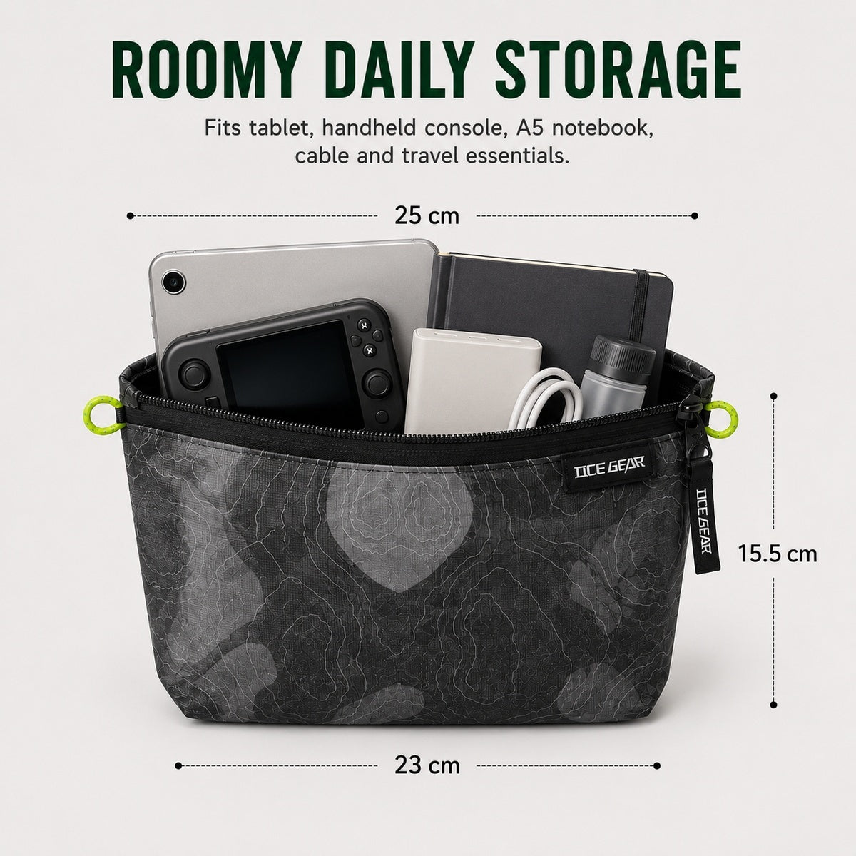 Large OCE GEAR storage pouch packed with larger travel and tech essentials