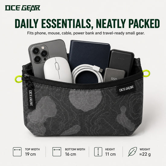 Medium OCE GEAR storage pouch packed with phone, mouse, cable, power bank, portable drive and small essentials