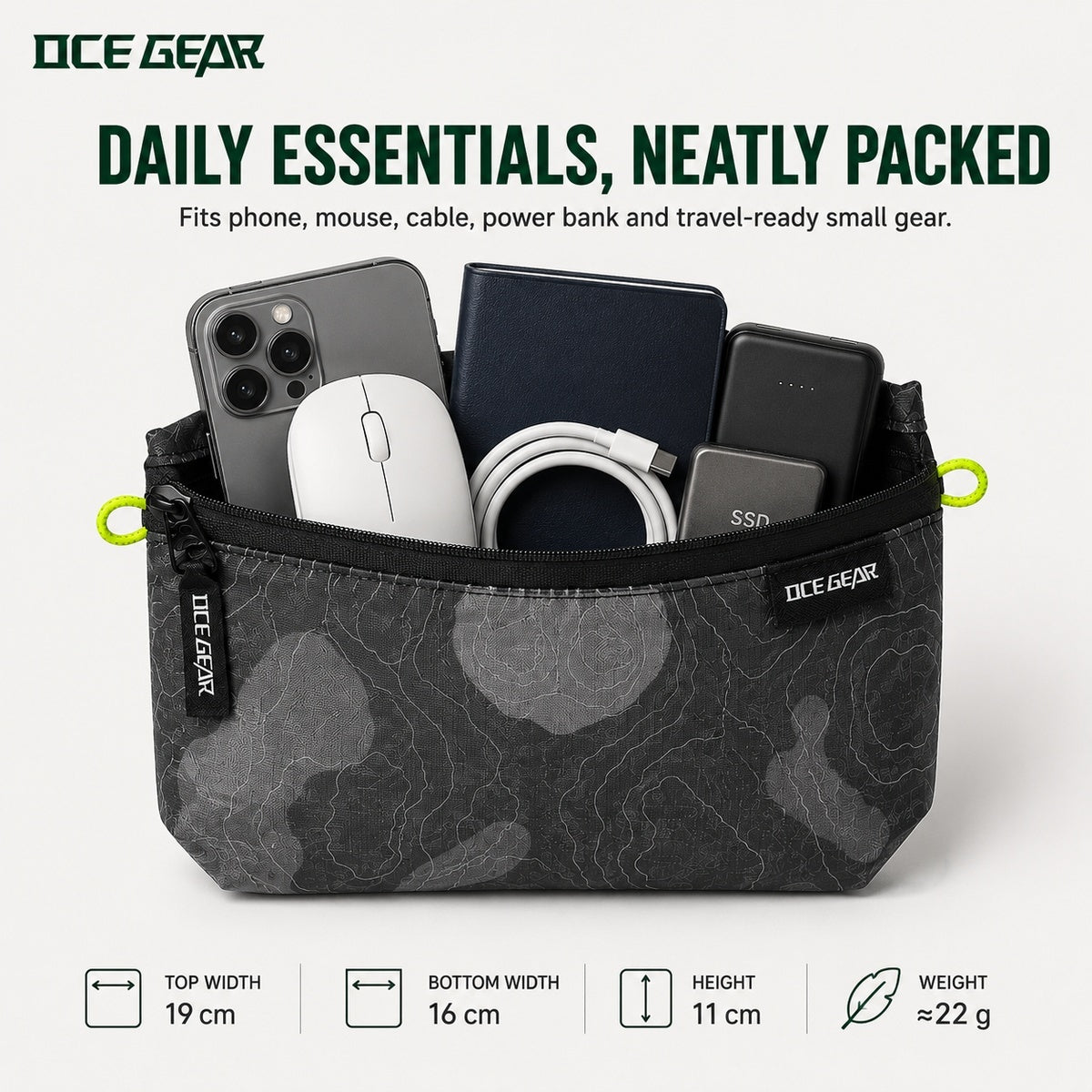 Medium OCE GEAR storage pouch packed with phone, mouse, cable, power bank, portable drive and small essentials
