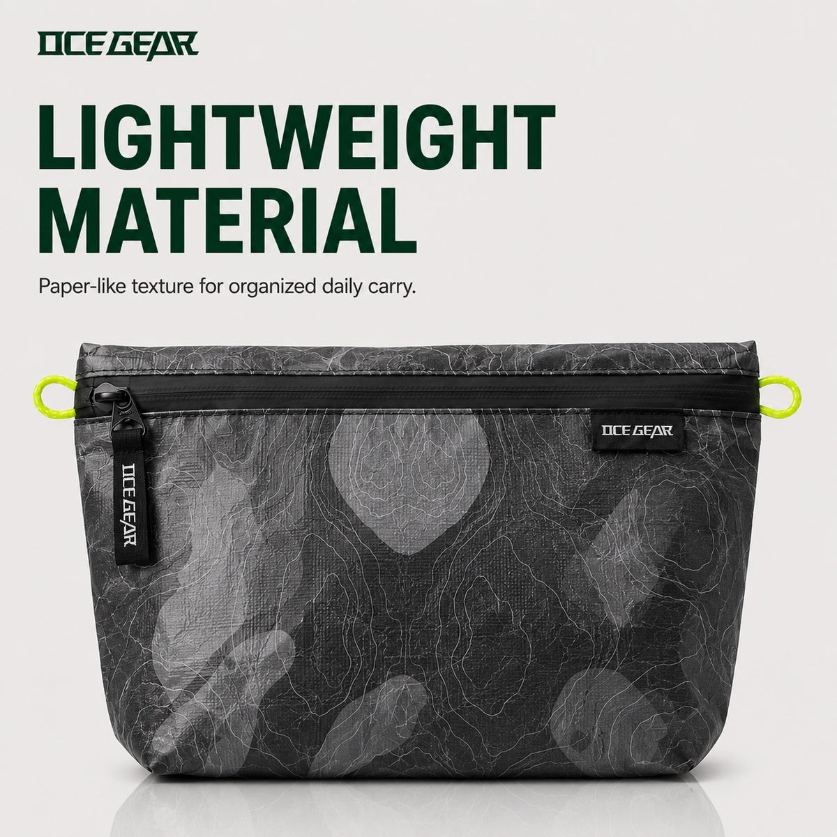 OCE GEAR storage pouch showing dark topographic paper-like textured material