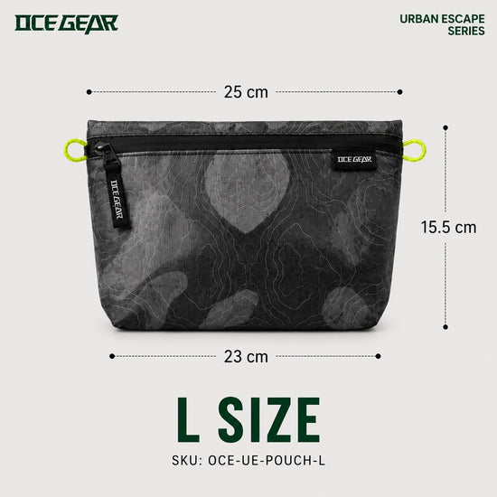 OCE GEAR large lightweight storage pouch showing 25 cm top width, 23 cm bottom width, 15.5 cm height and 30 g weight