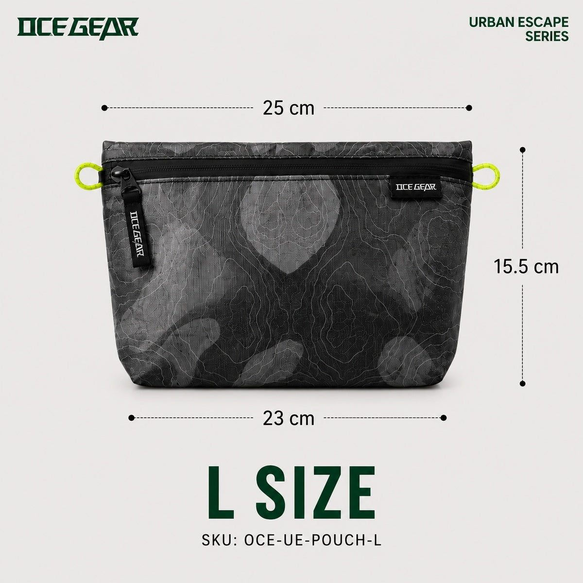 OCE GEAR large lightweight storage pouch showing 25 cm top width, 23 cm bottom width, 15.5 cm height and 30 g weight