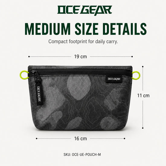 OCE GEAR medium lightweight storage pouch showing 19 cm top width, 16 cm bottom width, 11 cm height and approx 22 g weight